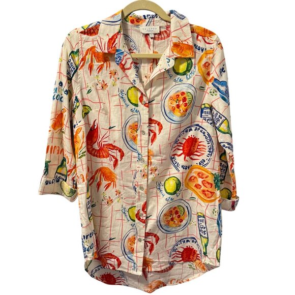 Calypso St. Barth Seafood Print Button-Up Shirt Sz L Linen & Rayon - Picture 5 of 12